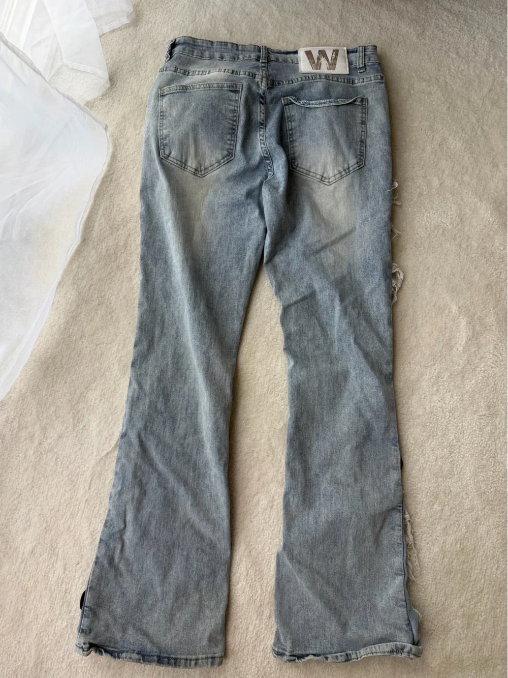 W by Waimea Light Blue Distressed Flare Jeans with Black Patch Heart Motifs